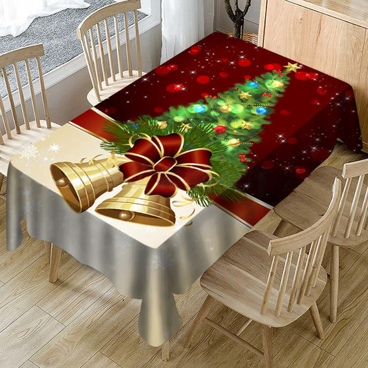 Christmas Tree and Bells Table Cover, Christmas Tablecloth, Washable Table Cloths for Dinner, Parties, Holiday Decorations