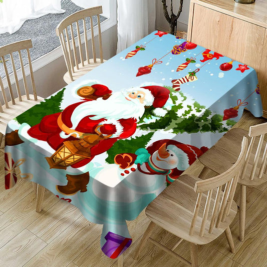 Santa Claus and Snowman Multi-Size Tablecloth, New Year Tablecloth, White Table Cover, Washable Table Cloths for Dinner, Parties, Holiday Decorations