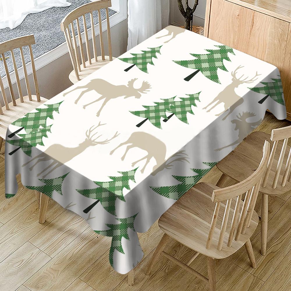 Christmas Pine and Elk Multi-Size Tablecloth, New Year Tablecloth, White Table Cover, Washable Table Cloths for Dinner, Parties, Holiday Decorations