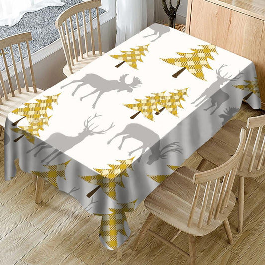 Pine and Elk Multi-Size Tablecloth, New Year Tablecloth, White Table Cover, Washable Table Cloths for Dinner, Parties, Holiday Decorations