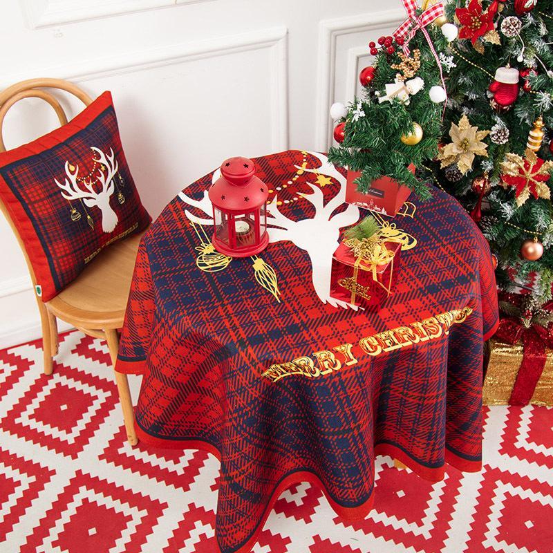 Red Checkered Reindeer Christmas Multi-Size Tablecloth - New Year Table Cover, Washable Table Cloths for Dinner, Parties, Holiday Decorations