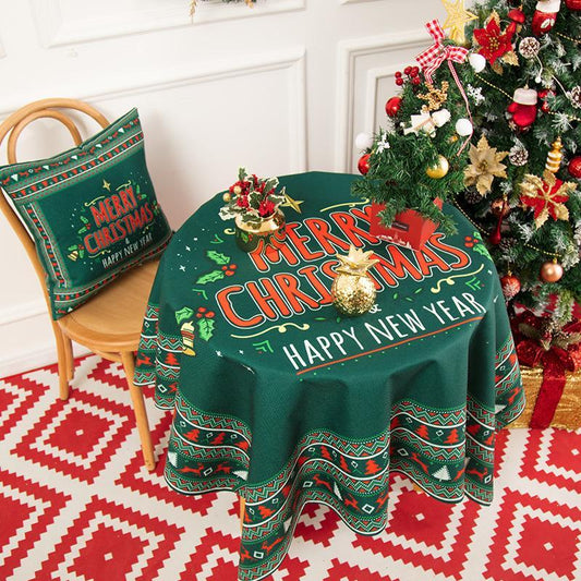 Merry Christmas Tablecloth, Happy New Year Tablecloth,  Green Table Cover, Washable Table Cloths for Dinner, Parties, Holiday Decorations