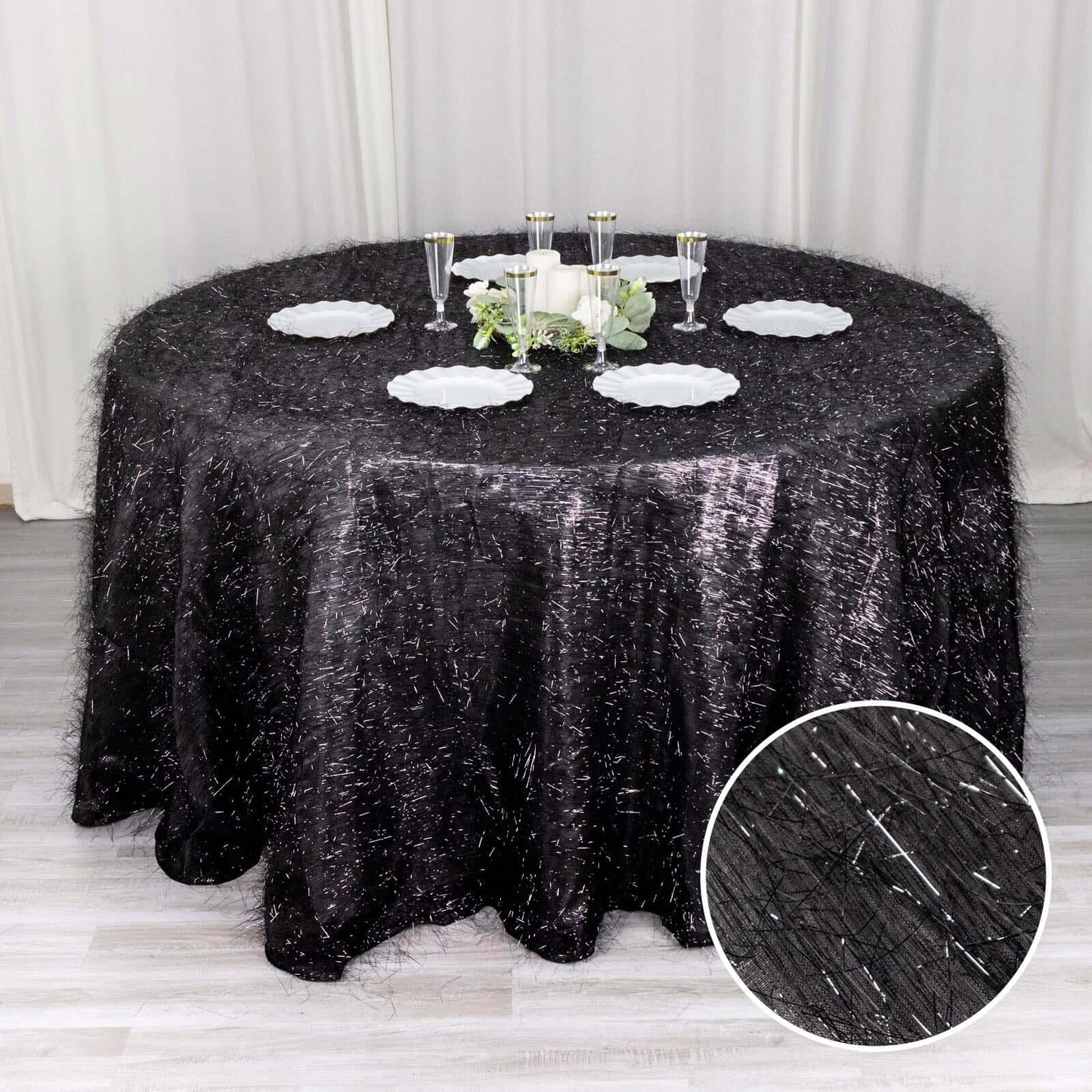 120" Black Metallic Premium Tinsel Shag Round Tablecloth, Shimmery Metallic Fringe Polyester Tablecloth