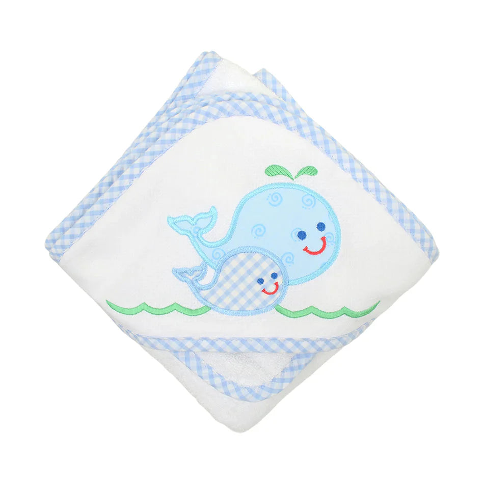 Boxed Applique Hooded Towel + Washcloth Set - Boy Hooded Bath Towels 3 Marthas Blue Whale