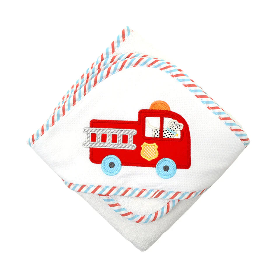Boxed Applique Hooded Towel + Washcloth Set - Boy Hooded Bath Towels 3 Marthas Firetruck
