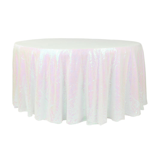 Glitz Sequin Mesh Net Tablecloth 116" Round - Iridescent White