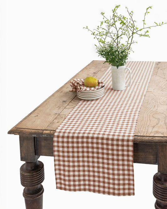 Linen table runner in Cinnamon gingham