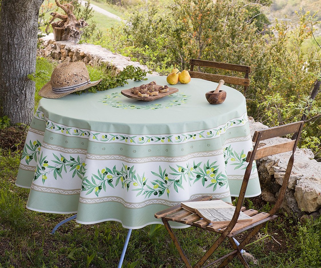 Ramatuelle Olives Green (Vert) Provencal Tablecloth | 70" Round | Easy Care Coated Cotton
