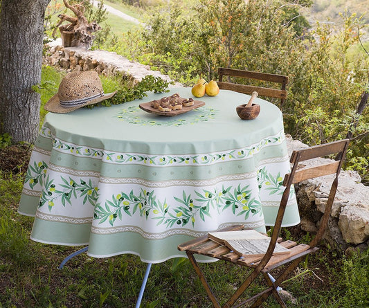 Ramatuelle Olives Green (Vert) Provencal Tablecloth | 70" Round | Easy Care Coated Cotton