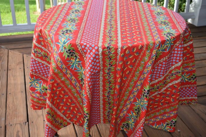 Olives & Mimosas Red Provencal Tablecloth | 70" Round | Easy Care Coated Cotton