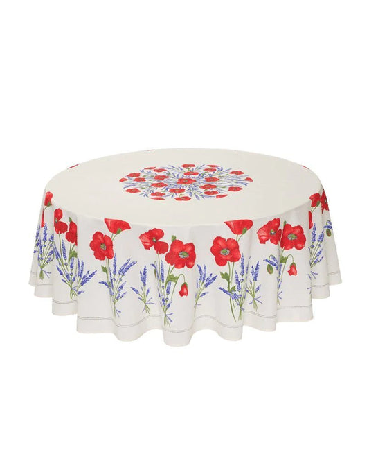 Coquelicot Lavander White Round Provencal Tablecloth | 70" Round | Easy Care Coated Cotton