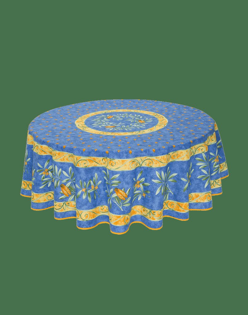 Cigale Blue French Provencal Tablecloth | 70" Round |  Easy Care Coated Cotton