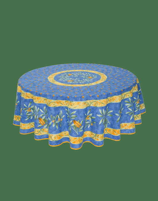 Cigale Blue French Provencal Tablecloth | 70" Round |  Easy Care Coated Cotton