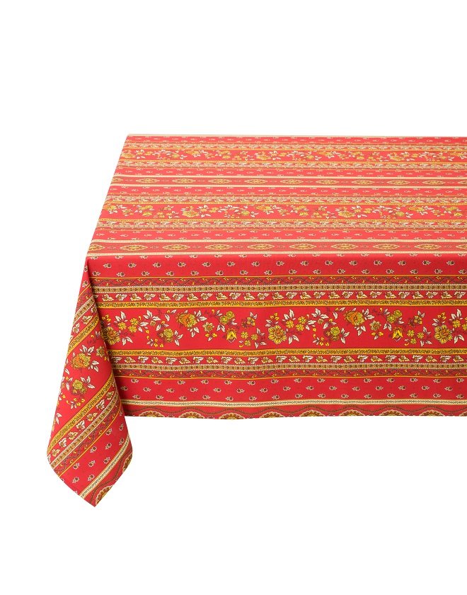 Rectangular Red Avignon 59" x 78" Easy-Care Cotton Coated French Tablecloth, Spill Resistant Wipeable, Linear Red Avignon by Tissus Toselli, Acrylic Coated 100% Cotton, Provencal French Luxury Linen