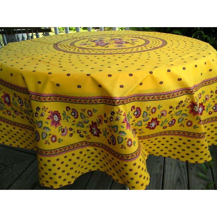 Fayence Yellow Provencal Tablecloth | 70" Round | Easy Care Coated Cotton