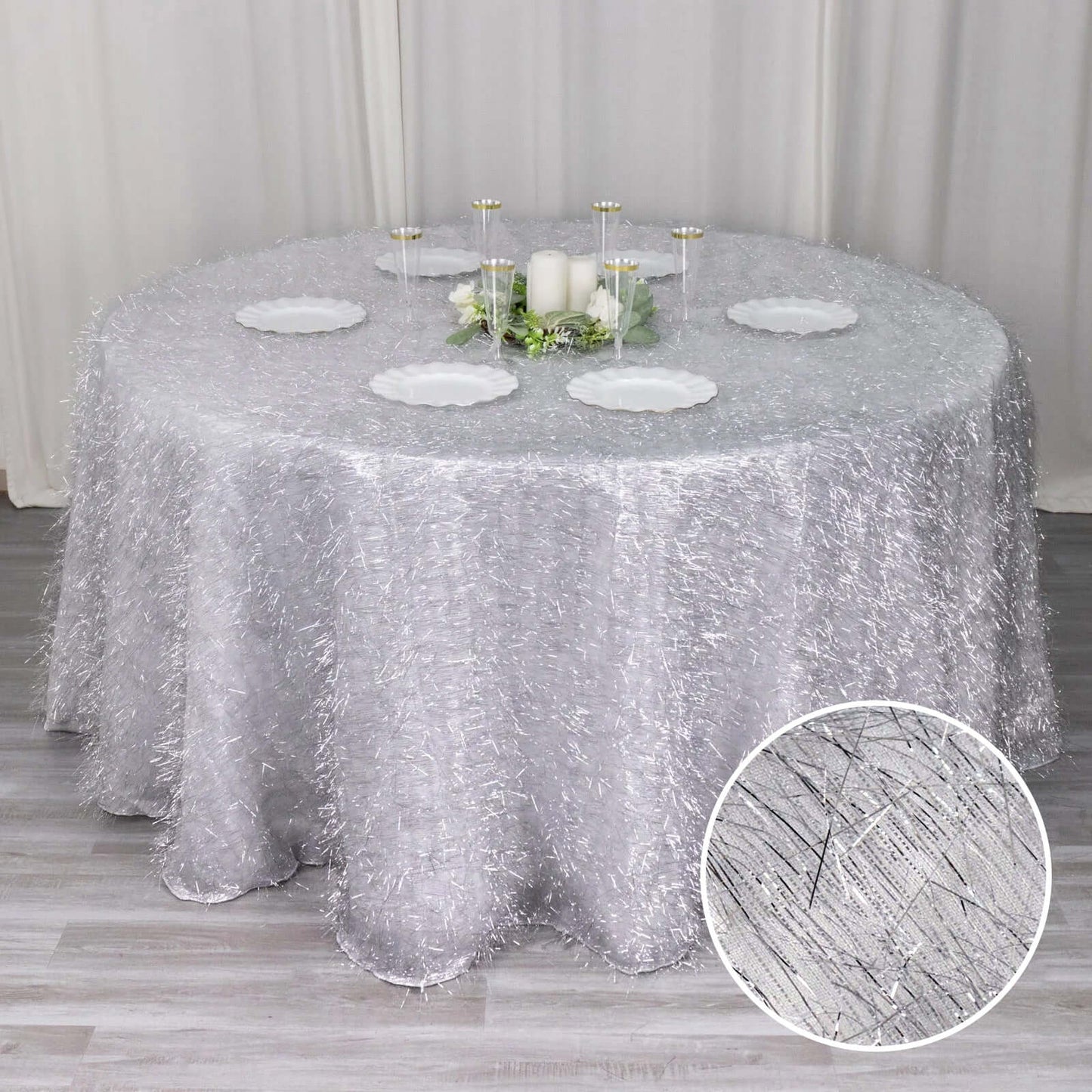 120" Metallic Silver Premium Tinsel Shag Round Tablecloth, Shimmery Metallic Fringe Polyester Tablecloth
