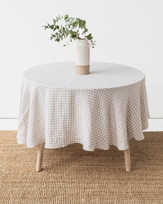 Round linen tablecloth in Natural gingham