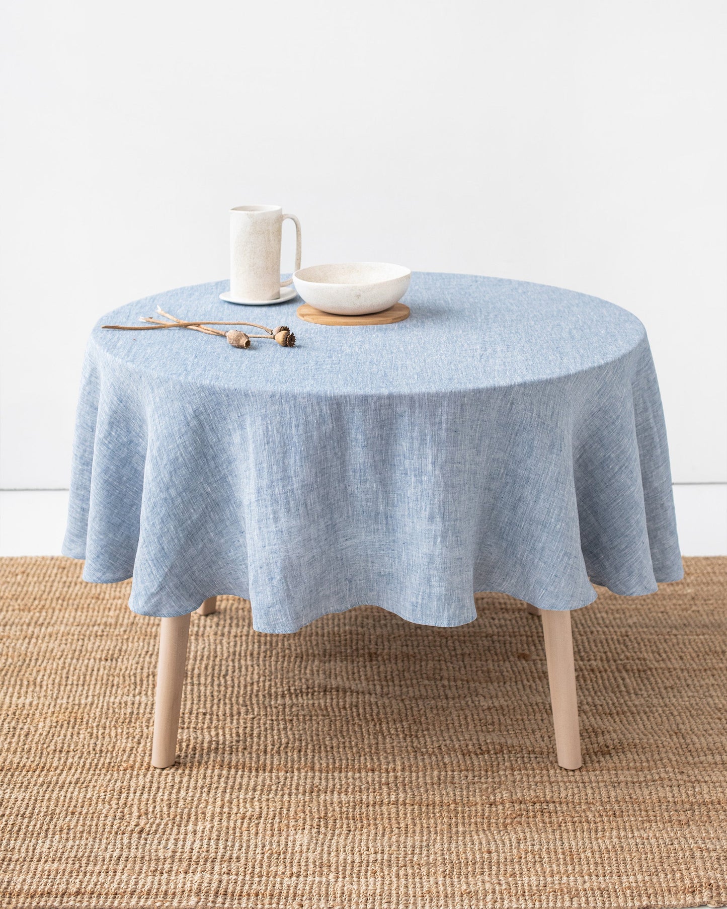 Round linen tablecloth in Blue melange