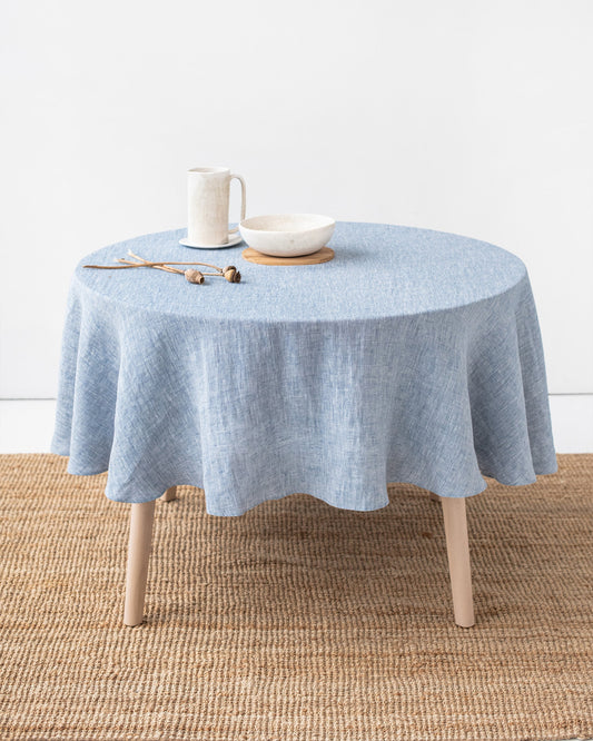 Round linen tablecloth in Blue melange
