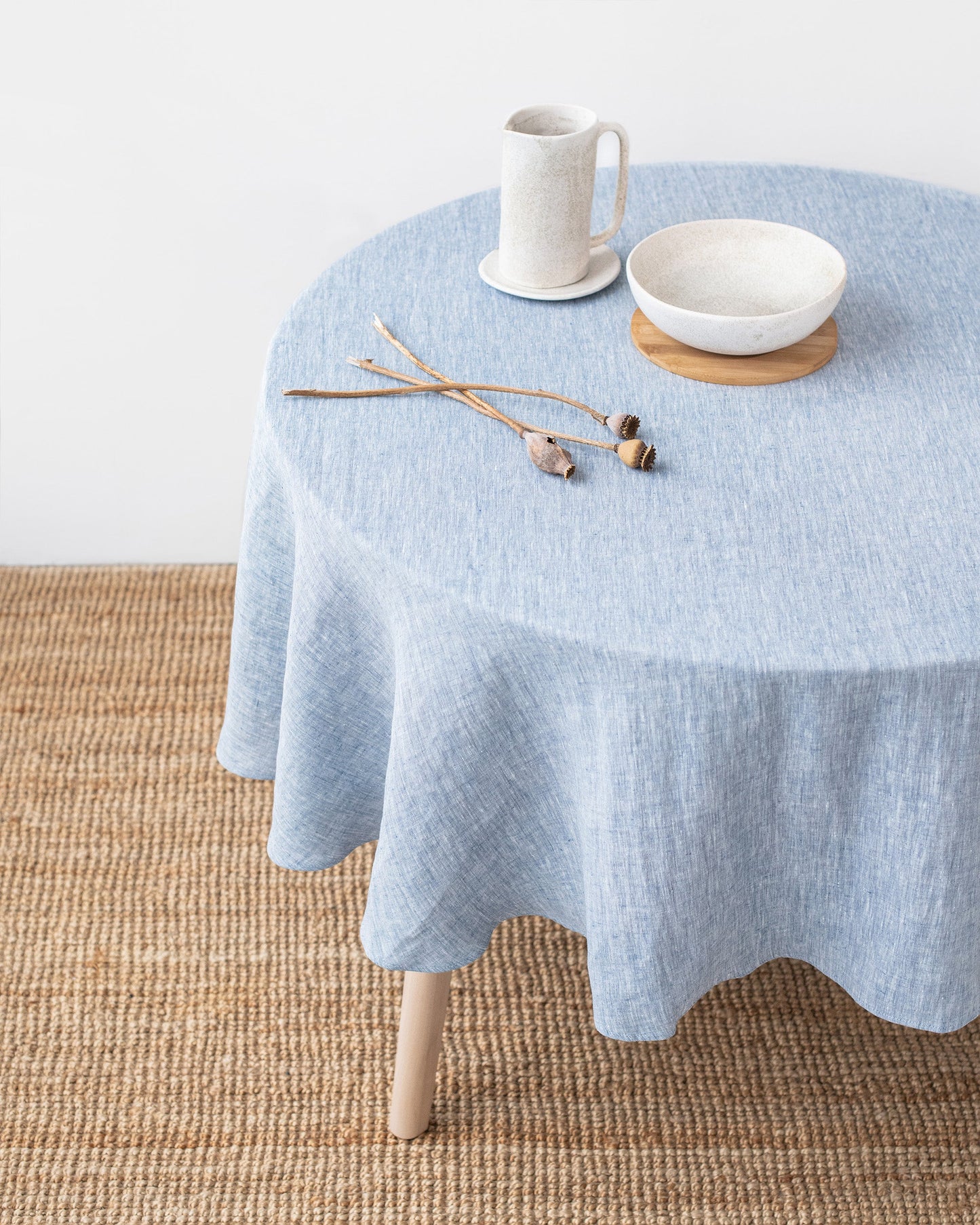 Round linen tablecloth in Blue melange