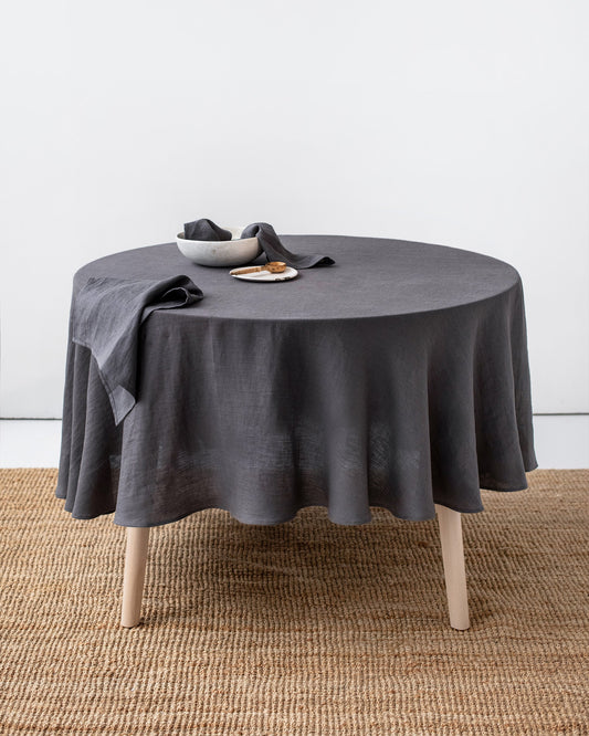 Round linen tablecloth in Charcoal gray
