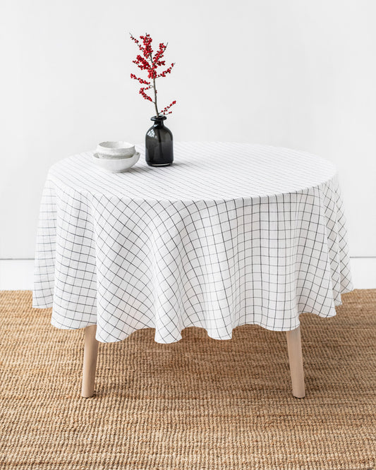 Round linen tablecloth in Charcoal grid