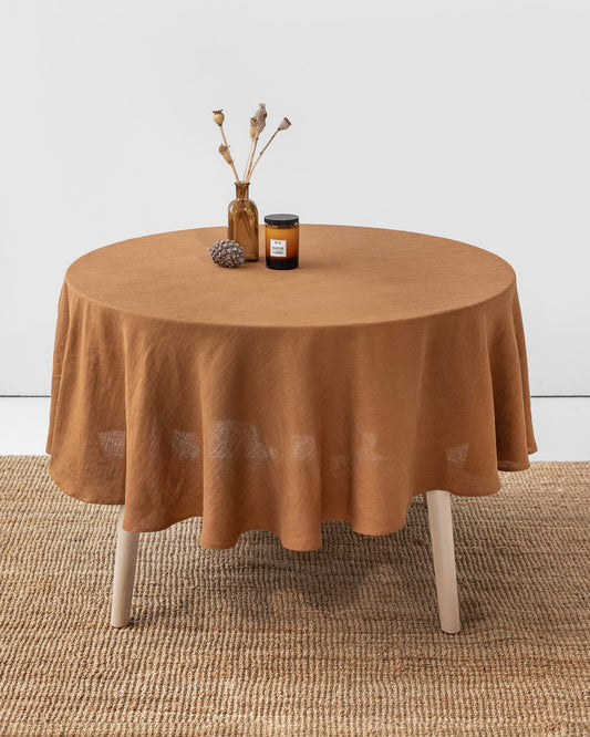 Round linen tablecloth in Cinnamon