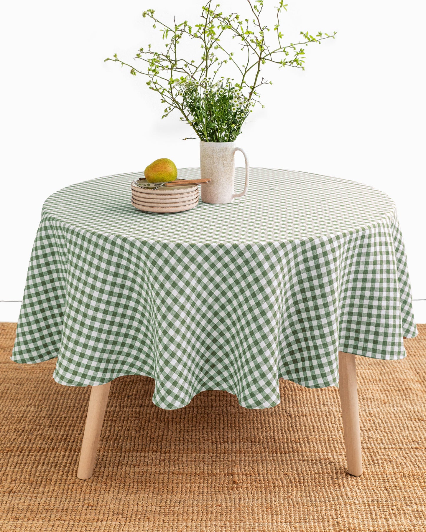 Round linen tablecloth in Forest green gingham