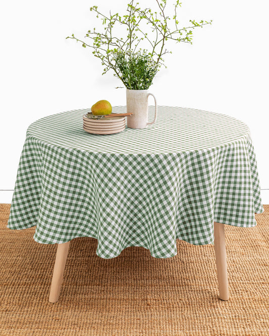 Round linen tablecloth in Forest green gingham