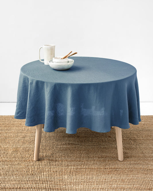 Round linen tablecloth in Gray blue