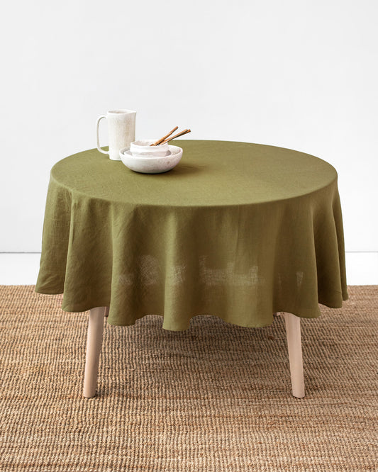 Round linen tablecloth in Olive green