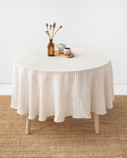 Round linen tablecloth in Striped in natural