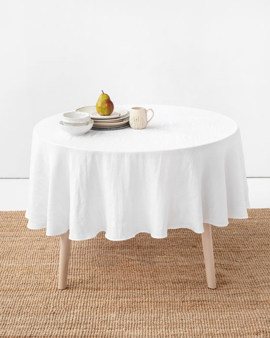 Round linen tablecloth in White