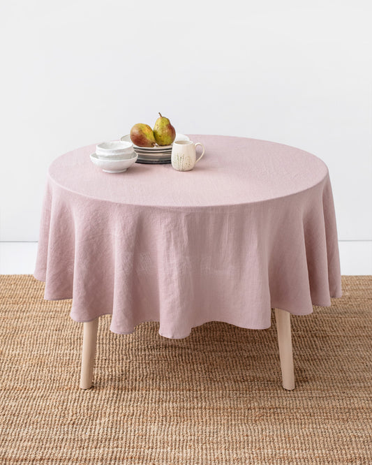 Round linen tablecloth in Woodrose