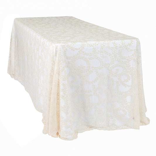 Sequin Vine Tablecloth Overlay 90"x132" Rectangle  - Light Ivory/Off White