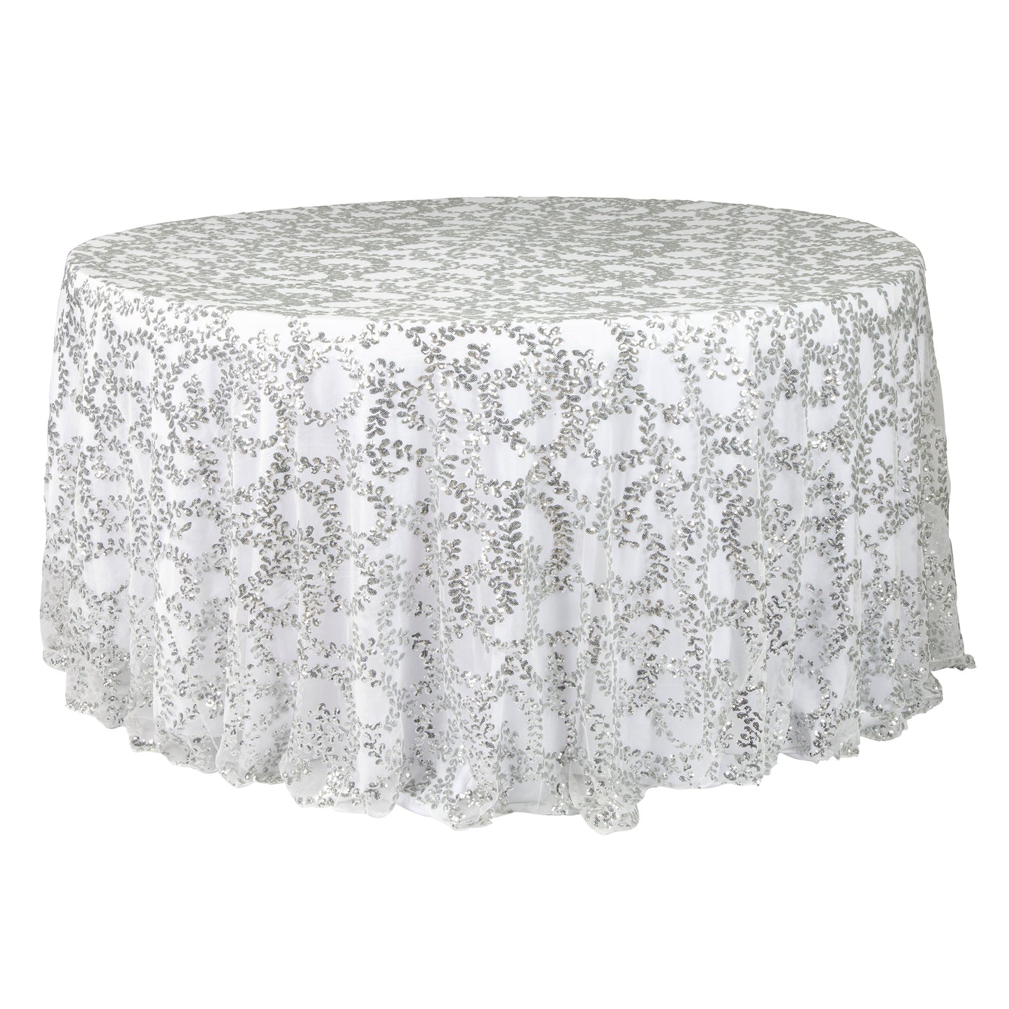 Sequin Vine Tablecloth Overlay 120" Round  - Silver