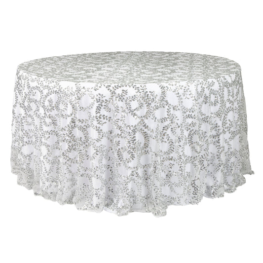 Sequin Vine Tablecloth Overlay 120" Round  - Silver